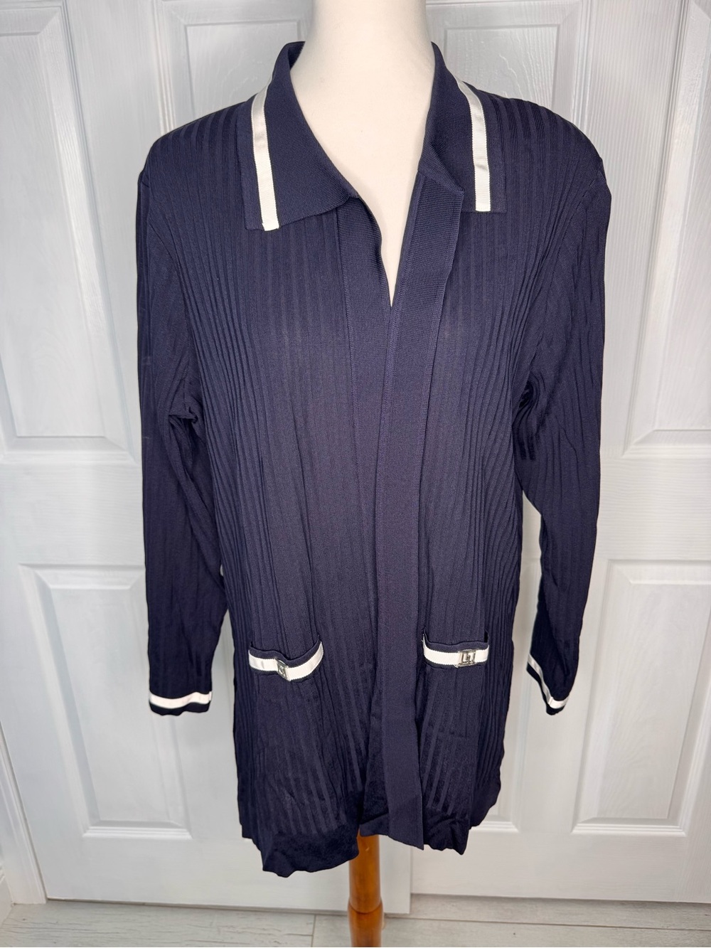 VTG Misook Open Cardigan Navy White Classic Coastal Nautical Preppy Size 1X